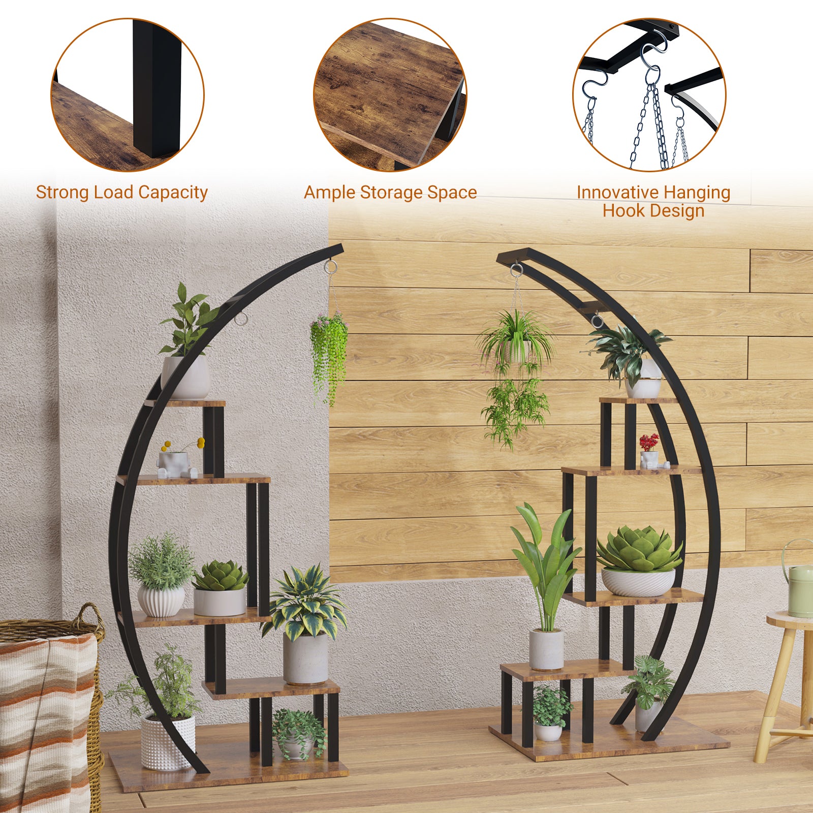 Garvee 2-Pack 5-Tier Half Moon Plant Stand, Curved Ladder Flower Pot Display Rack with Hanging, Powder-Coated Steel & MDF, Indoor/Outdoor, Brown