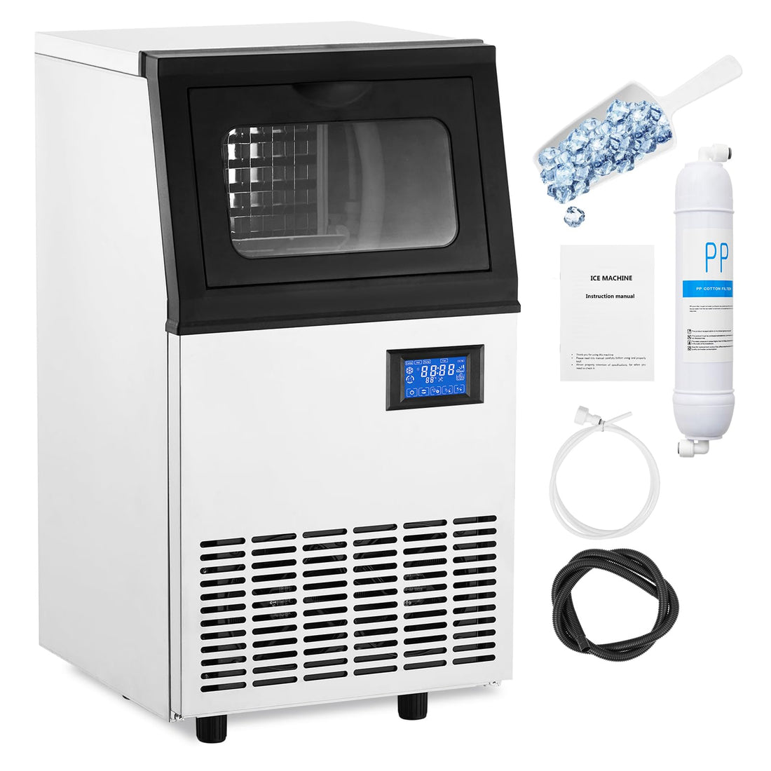 73Lbs/24H Ice Maker, 22Lbs Bin, LCD, Self-Clean for Cafes/Bars