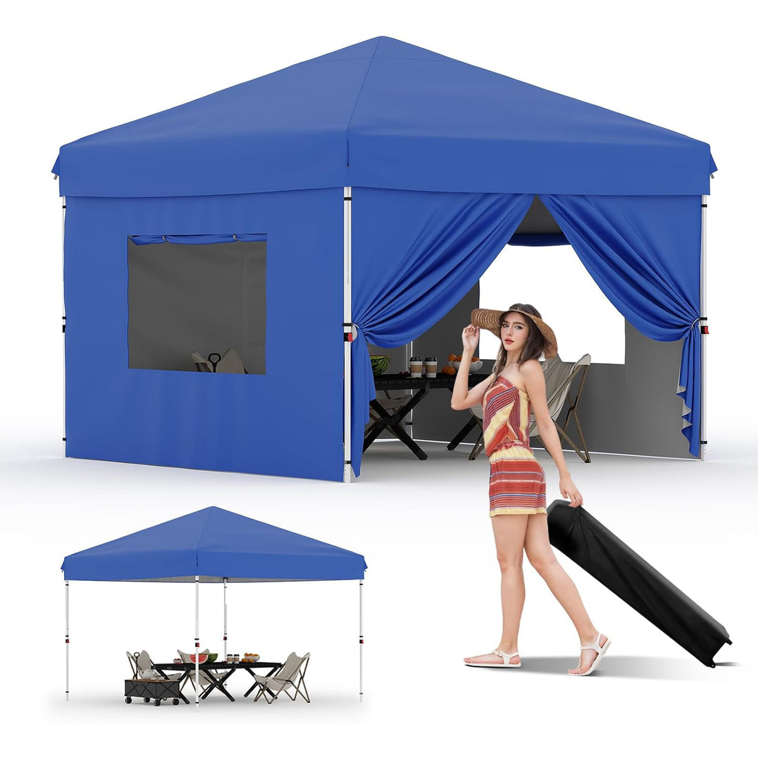 Garvee 10'x10'Pop Up Canopy Tent with 4Pcs Sidewalls, Portable Instant Commercial Canopy with 4 Stakes, 4 Ropes, 4 Sandbags for Farmers' Market, Patio, Outdoor, Camping, Blue