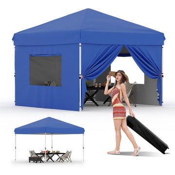 Garvee 10'x10'Pop Up Canopy Tent with 4Pcs Sidewalls, Portable Instant Commercial Canopy with 4 Stakes, 4 Ropes, 4 Sandbags for Farmers' Market, Patio, Outdoor, Camping, Blue