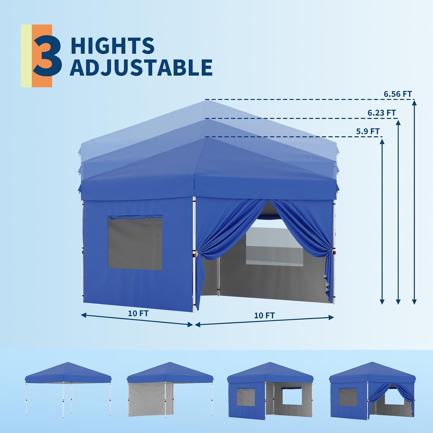 Garvee 10'x10'Pop Up Canopy Tent with 4Pcs Sidewalls, Portable Instant Commercial Canopy with 4 Stakes, 4 Ropes, 4 Sandbags for Farmers' Market, Patio, Outdoor, Camping, Blue