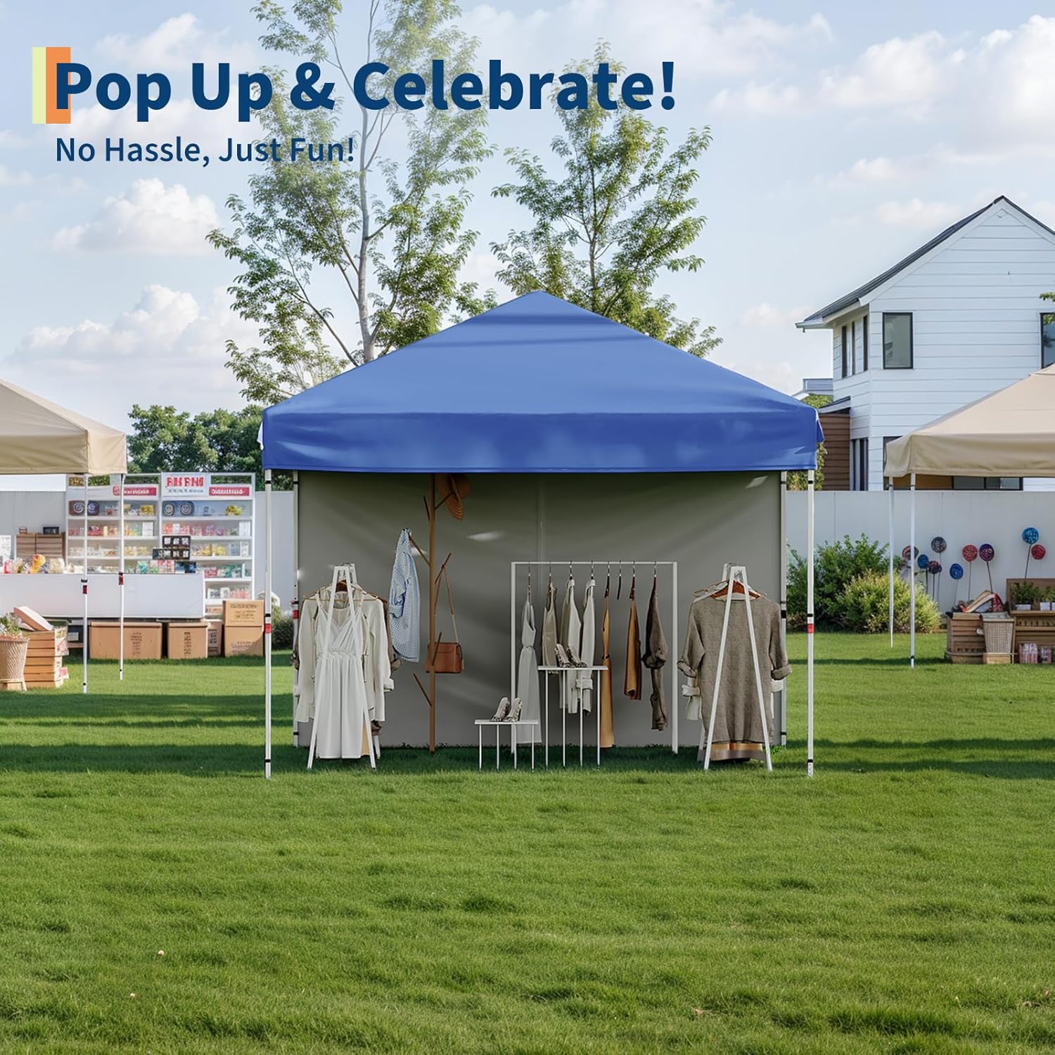 Garvee 10'x10'Pop Up Canopy Tent with 4Pcs Sidewalls, Portable Instant Commercial Canopy with 4 Stakes, 4 Ropes, 4 Sandbags for Farmers' Market, Patio, Outdoor, Camping, Blue