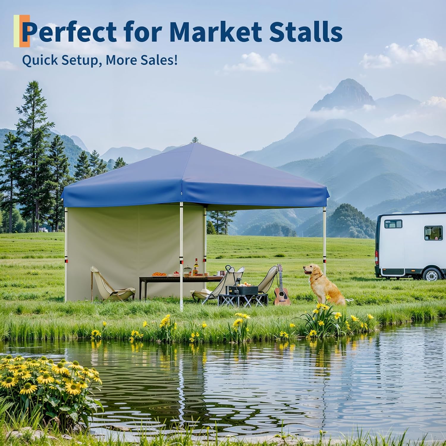 Garvee 10'x10'Pop Up Canopy Tent with 4Pcs Sidewalls, Portable Instant Commercial Canopy with 4 Stakes, 4 Ropes, 4 Sandbags for Farmers' Market, Patio, Outdoor, Camping, Blue