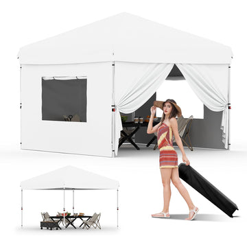 Garvee 10'x10' Pop-Up Canopy Tent with 4 Sidewalls - Portable Instant Commercial Canopy with Stakes, Ropes & Sandbags for Market, Patio & Camping, White