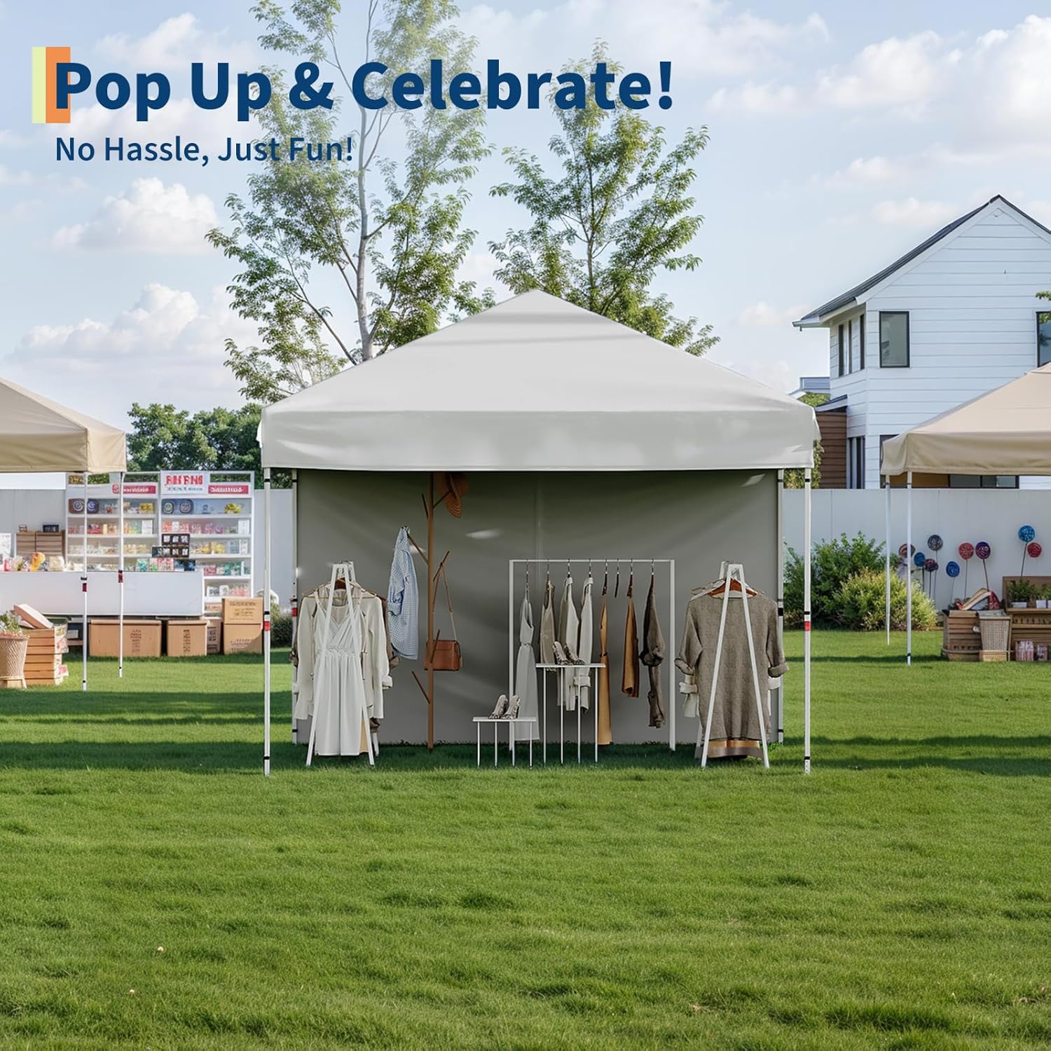 Garvee 10'x10' Pop-Up Canopy Tent with 4 Sidewalls - Portable Instant Commercial Canopy with Stakes, Ropes & Sandbags for Market, Patio & Camping, White