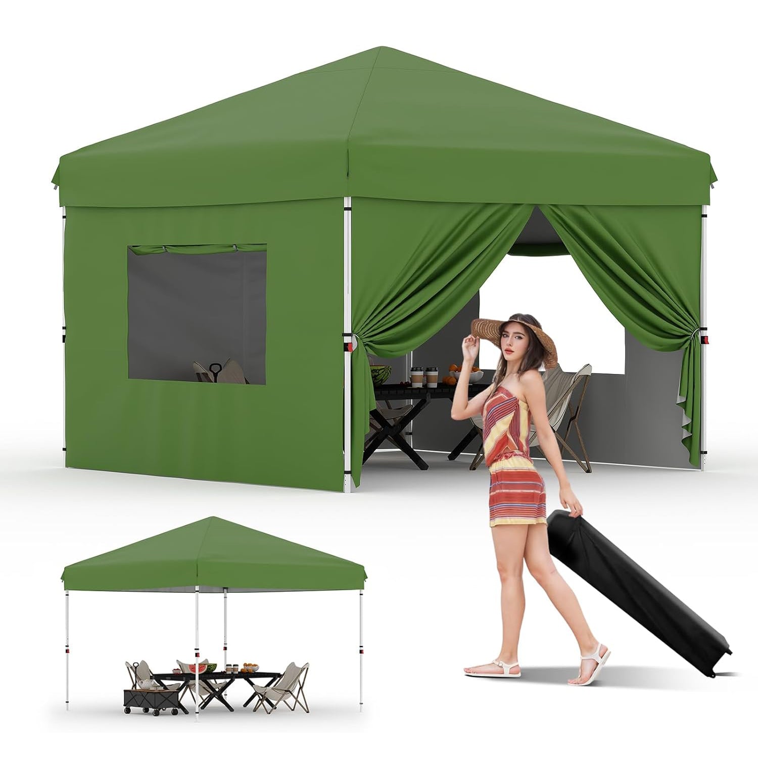 Garvee 10'x10' Pop Up Canopy with 4 Sidewalls Easy Up Camping Tent with One Button Push Setup - 1 Roller Bag, 3 Adjustable Height, 4 Weight Bags for Deck, Garden, Sports, Beach, Party, Green