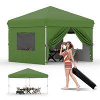 Garvee 10'x10' Pop Up Canopy with 4 Sidewalls Easy Up Camping Tent with One Button Push Setup - 1 Roller Bag, 3 Adjustable Height, 4 Weight Bags for Deck, Garden, Sports, Beach, Party, Green