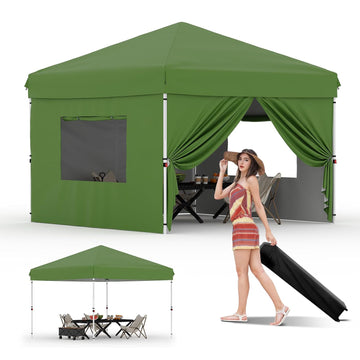 Garvee 10'x10' Pop Up Canopy with 4 Sidewalls Easy Up Camping Tent with One Button Push Setup - 1 Roller Bag, 3 Adjustable Height, 4 Weight Bags for Deck, Garden, Sports, Beach, Party, Green