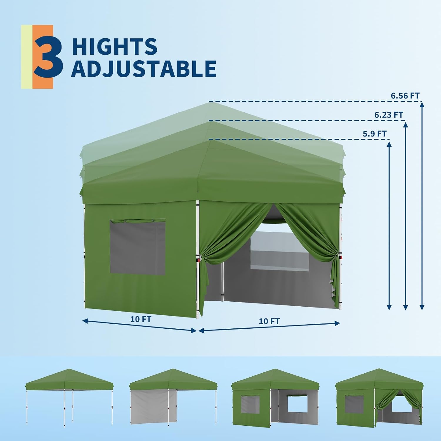 Garvee 10'x10' Pop Up Canopy with 4 Sidewalls Easy Up Camping Tent with One Button Push Setup - 1 Roller Bag, 3 Adjustable Height, 4 Weight Bags for Deck, Garden, Sports, Beach, Party, Green