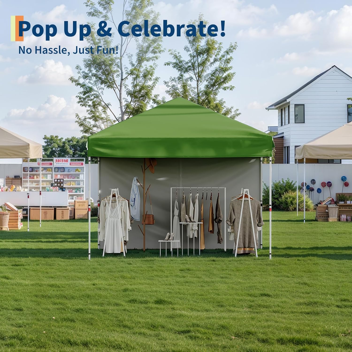 Garvee 10'x10' Pop Up Canopy with 4 Sidewalls Easy Up Camping Tent with One Button Push Setup - 1 Roller Bag, 3 Adjustable Height, 4 Weight Bags for Deck, Garden, Sports, Beach, Party, Green