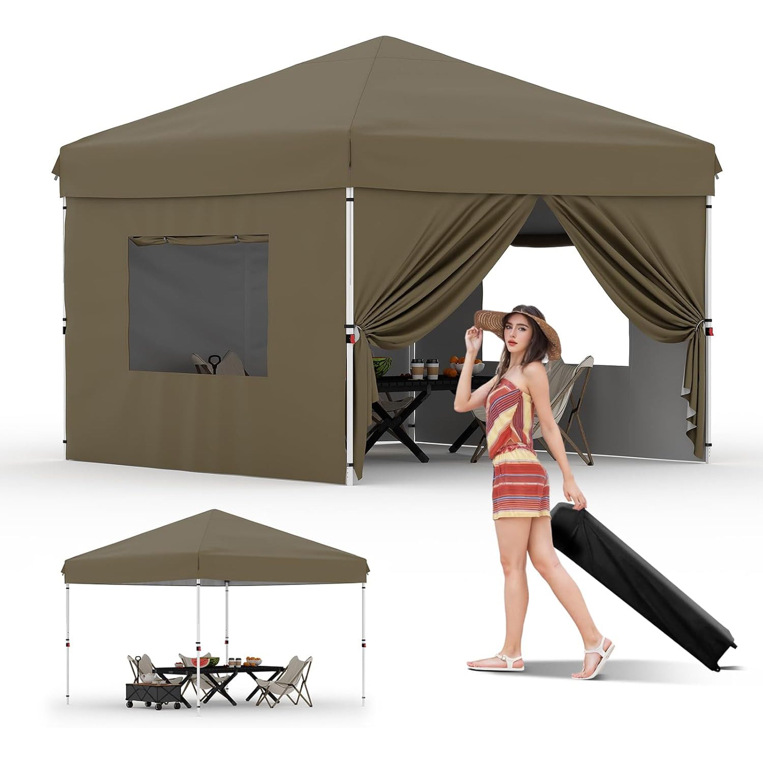 Garvee 10'x10' Pop Up Canopy, Heavy Duty Tents for Parties, One Person Set Up Event Tent, Brown