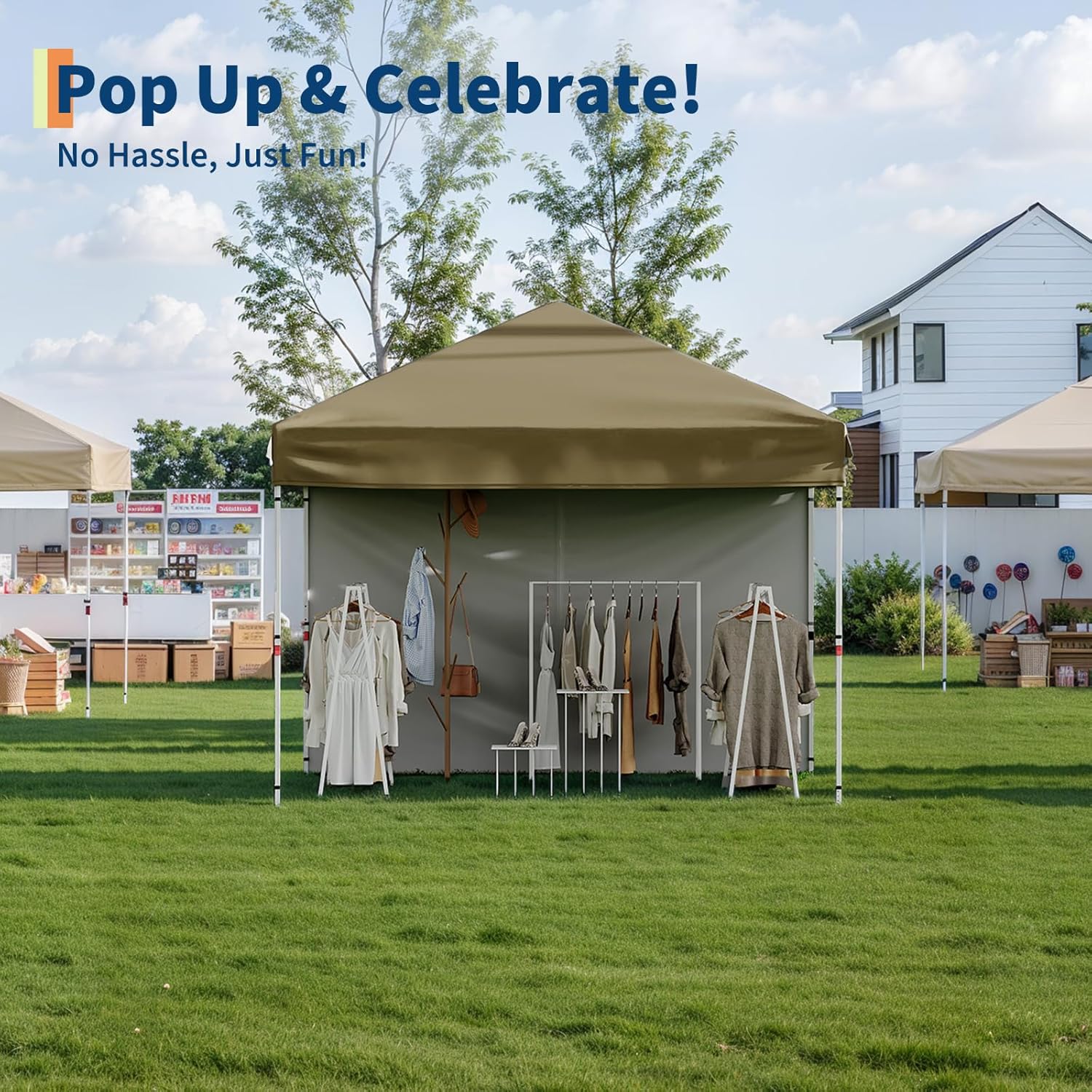 Garvee 10'x10' Pop Up Canopy, Heavy Duty Tents for Parties, One Person Set Up Event Tent, Brown