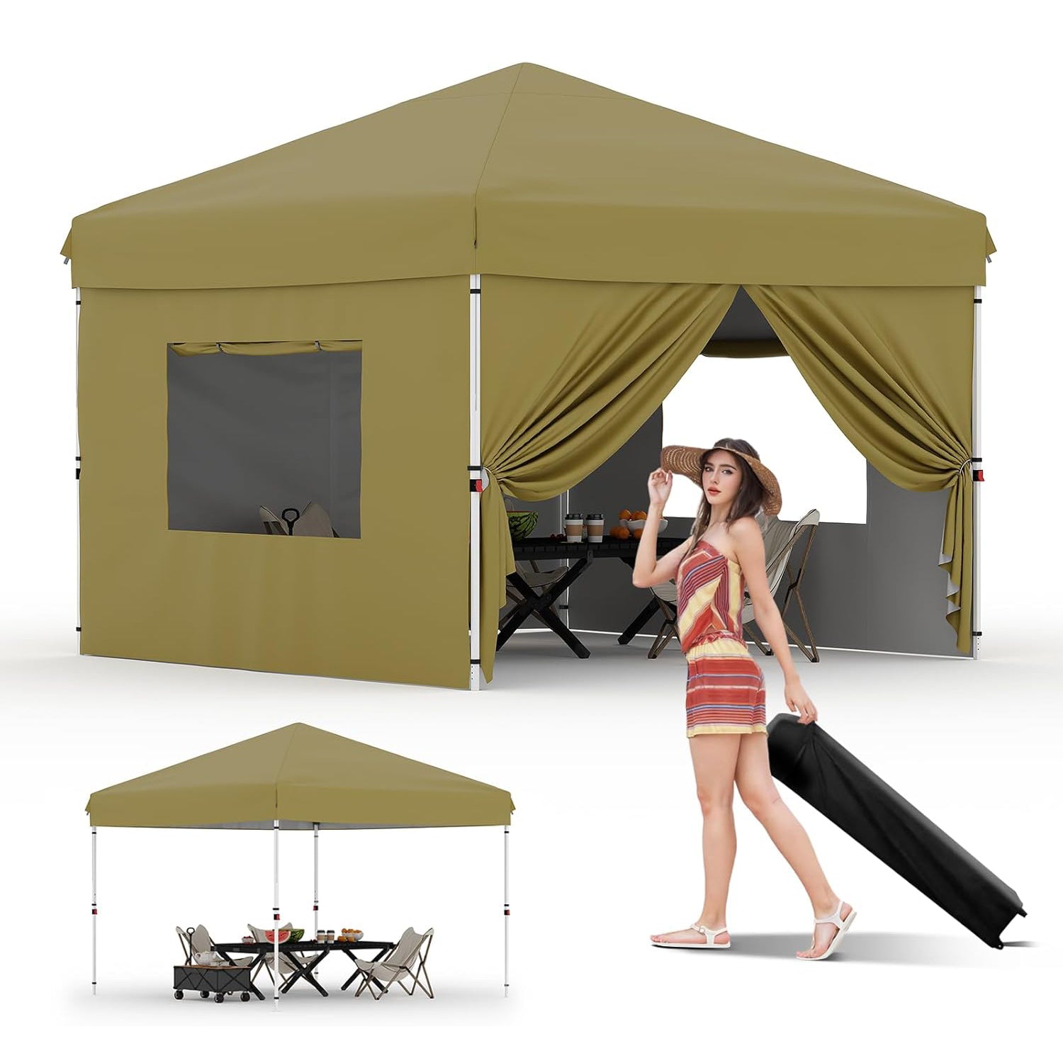 Garvee 10'x10' Pop-Up Canopy Tent - Easy One-Person Setup, Portable Shelter with 4 Sidewalls & 4 Sandbags, Ideal for Patio & Outdoor Activities, Khaki