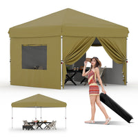 Garvee 10'x10' Pop-Up Canopy Tent - Easy One-Person Setup, Portable Shelter with 4 Sidewalls & 4 Sandbags, Ideal for Patio & Outdoor Activities, Khaki