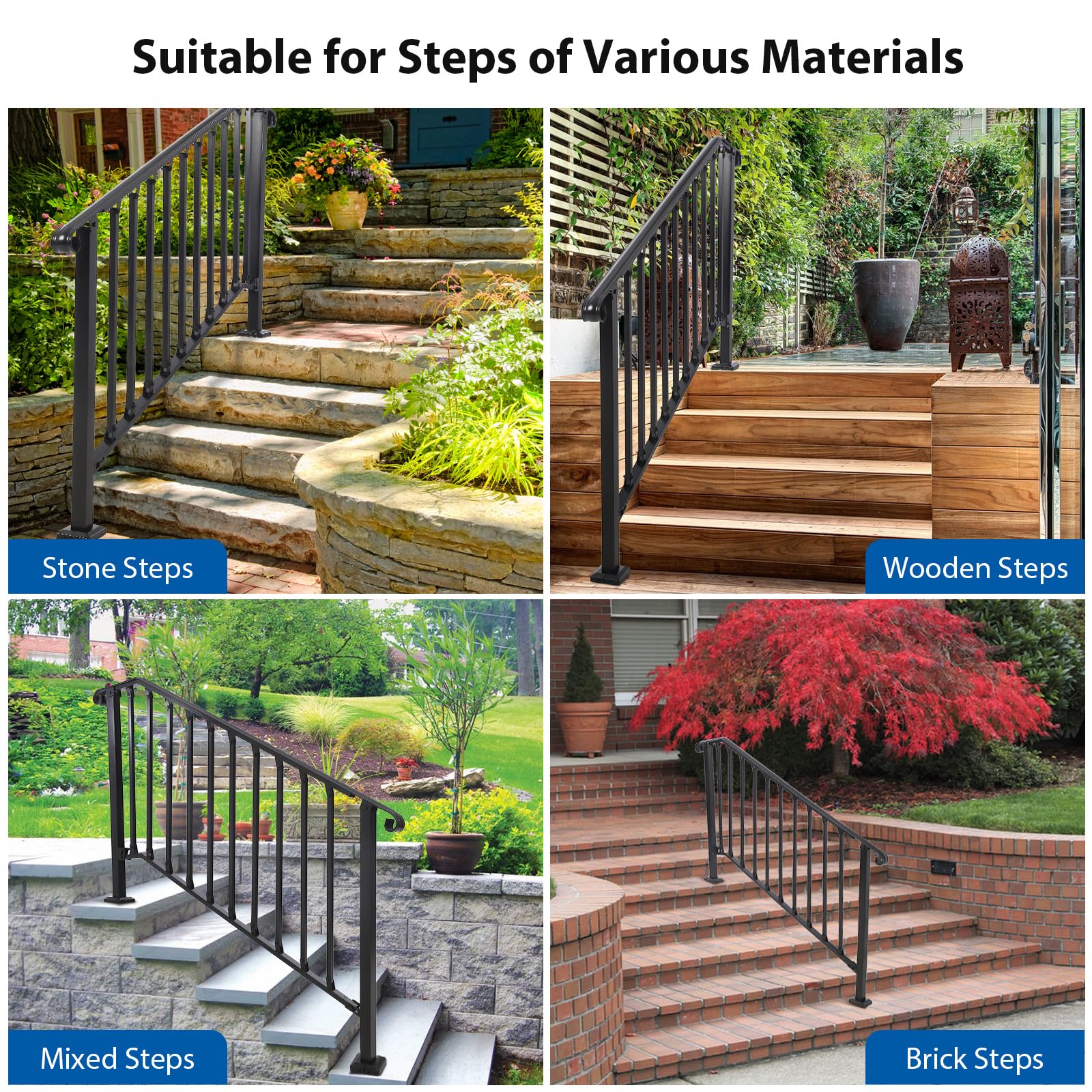Adjustable Handrail 4-5 Steps, Kit Included, for Outdoor Stairs - GARVEE