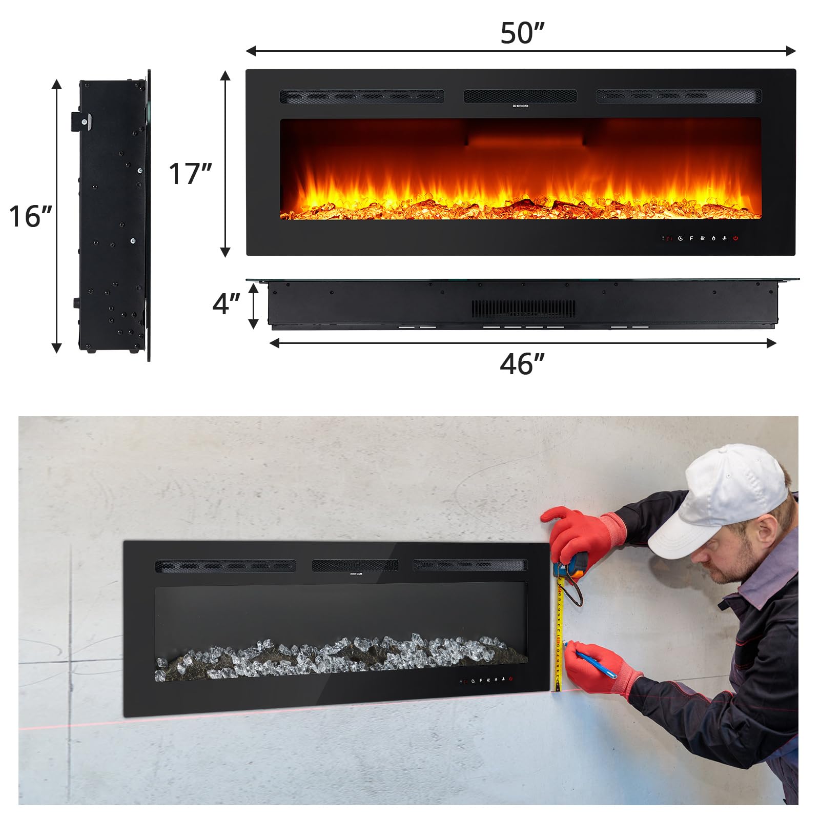 50" Electric Fireplace, In-Wall/ Mounted, 3D Flames, 750/1500W