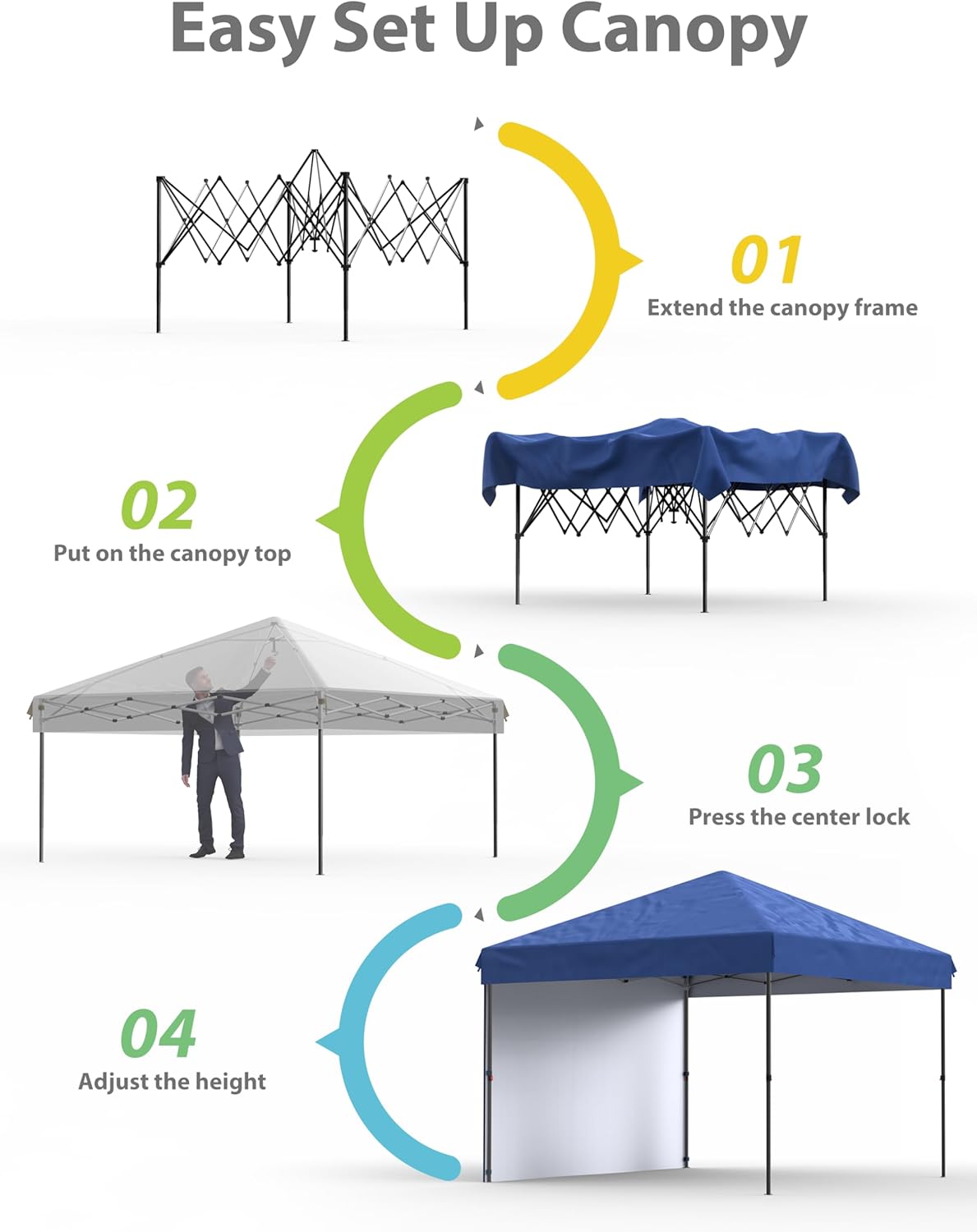 Garvee 10'x10' Pop-Up Canopy Tent - Portable Instant Gazebo with 1 Removable Sidewall, 4 Stakes & Ropes for Outdoor Events, Patio, Party, Camping, Blue