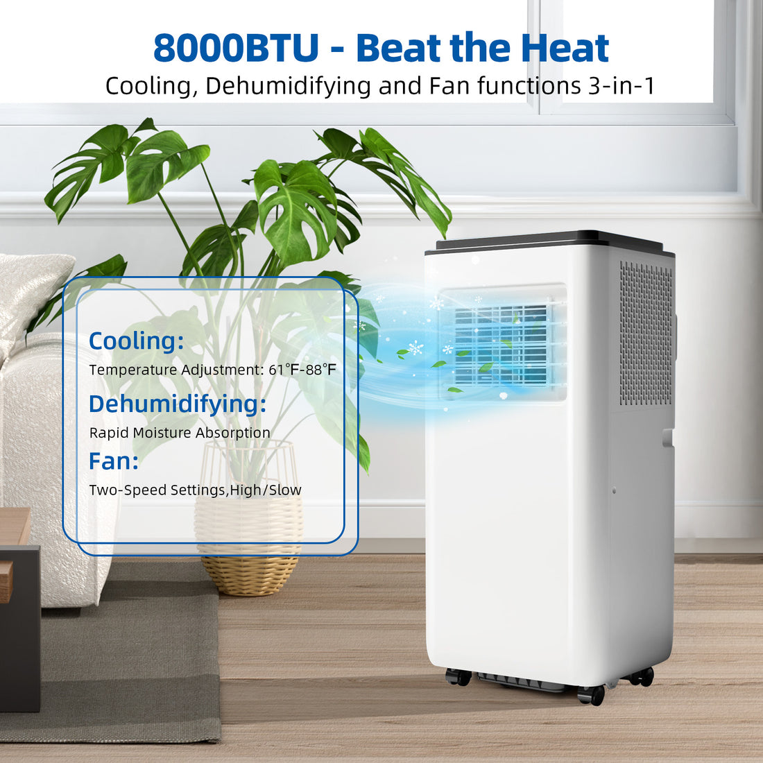 Garvee 8000 BTU Portable Air Conditioners Cool Up to 350 Sq. Ft, 3 IN 1 Portable AC Unit with Dehumidifier, Fan Modes, Floor Standing Air Conditioner for Room Garage, LED Display, 24Hrs Timer