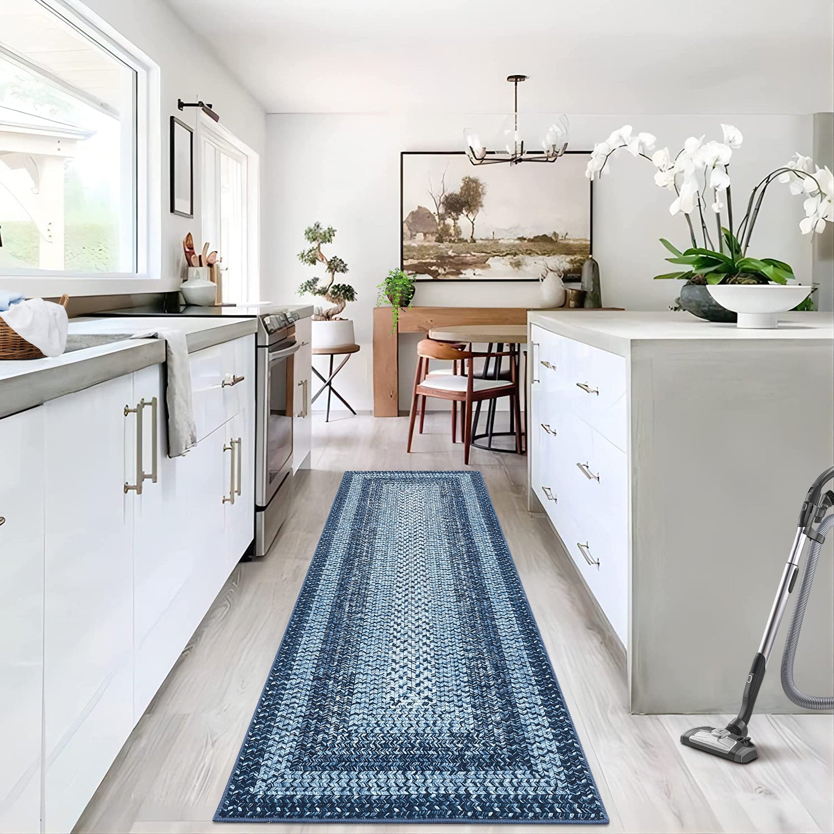 Garvee Bordered Grey Blue 2x6 Washable Area Rug, Non-Slip Runner Ultra-Thin Farmhouse Kitchen Mat Bedroom Bedside Laundry Distressed Carpet