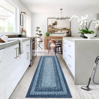 Garvee Bordered Grey Blue 2x6 Washable Area Rug, Non-Slip Runner Ultra-Thin Farmhouse Kitchen Mat Bedroom Bedside Laundry Distressed Carpet