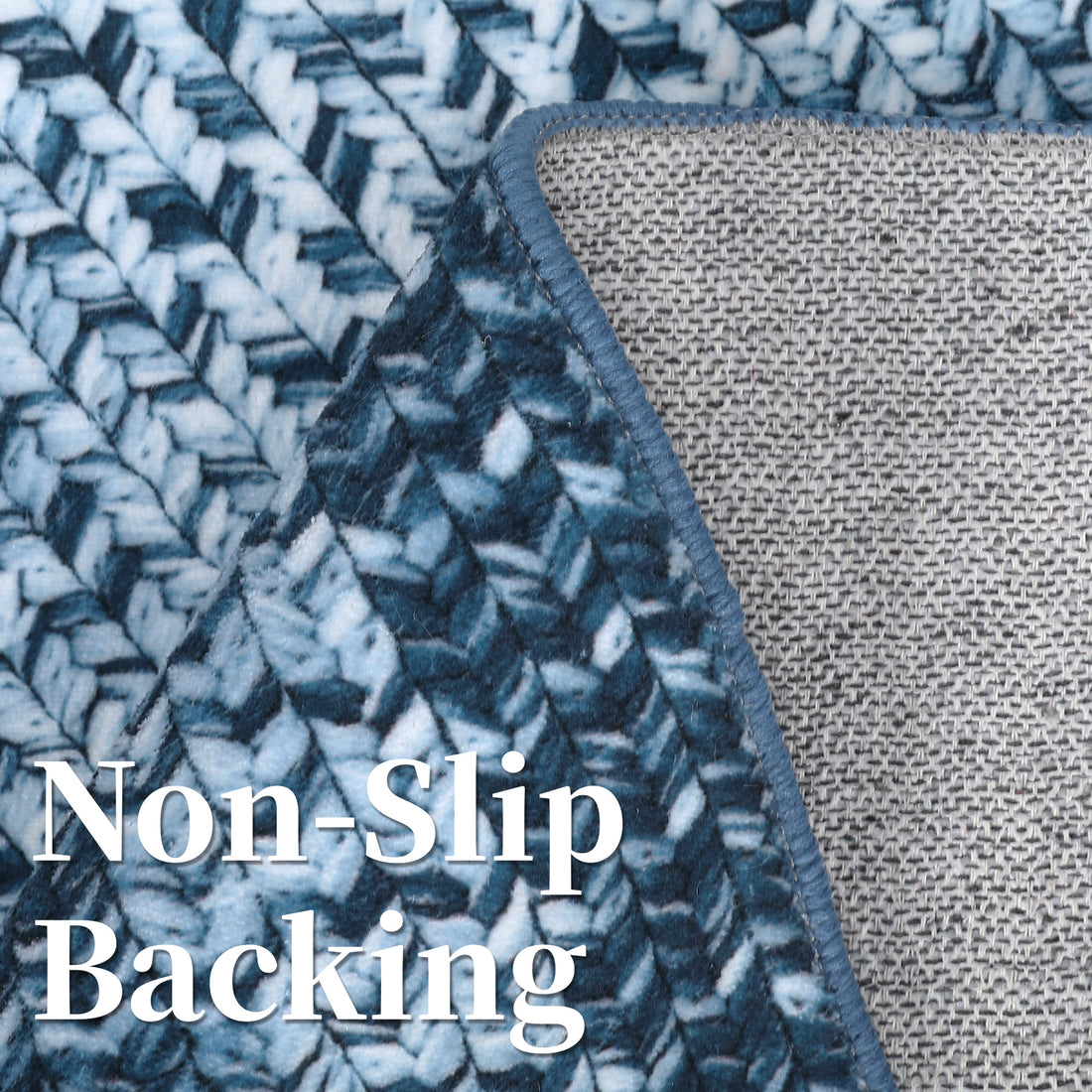 Garvee Bordered Grey Blue 10x13 Washable Rug, Boho Braided, Non-Slip, Low Pile, Polyester, Foldable, Blue, Living Room, Bedroom, Office
