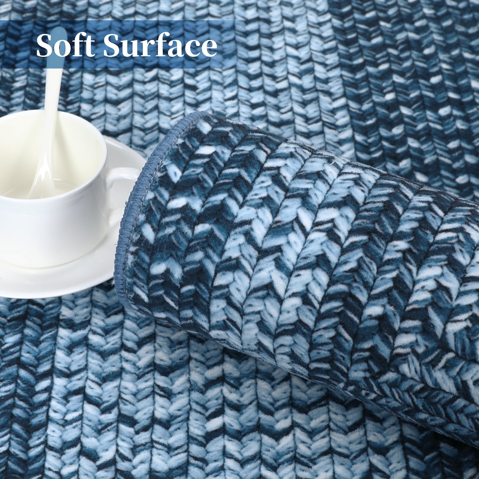 Garvee Bordered Grey Blue 10x13 Washable Rug, Boho Braided, Non-Slip, Low Pile, Polyester, Foldable, Blue, Living Room, Bedroom, Office