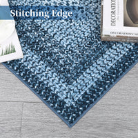 Garvee Bordered Grey Blue 10x13 Washable Rug, Boho Braided, Non-Slip, Low Pile, Polyester, Foldable, Blue, Living Room, Bedroom, Office