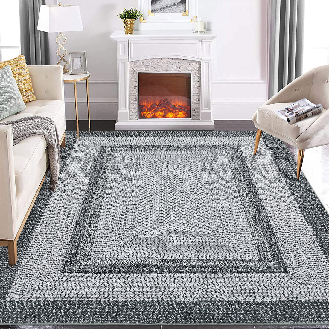 Garvee Bordered Grey 9x12 Boho Braided Area Rug, Washable Vintage Low-Pile Carpet with Non-Slip TPR Backing, Foldable Polyester for Living Room, Bedroom, Office