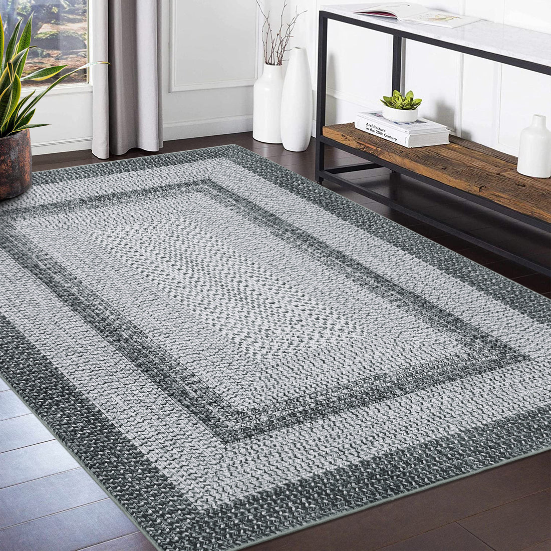 Garvee Bordered Grey 8x10 Boho Braided Rug, Washable Low Pile Polyester Non-Slip Carpet for High Traffic Living Room Bedroom