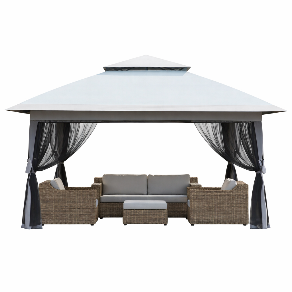 Garvee 12x12 ft Pop Up Outdoor Gazebo Tent – Double Roof, Mosquito Netting, Height Adjustable, 4 Sandbags, Wheeled Bag, Easy Setup, Perfect for Patio, Lawn, Garden Parties, BBQs – Light Blue + Light Gray