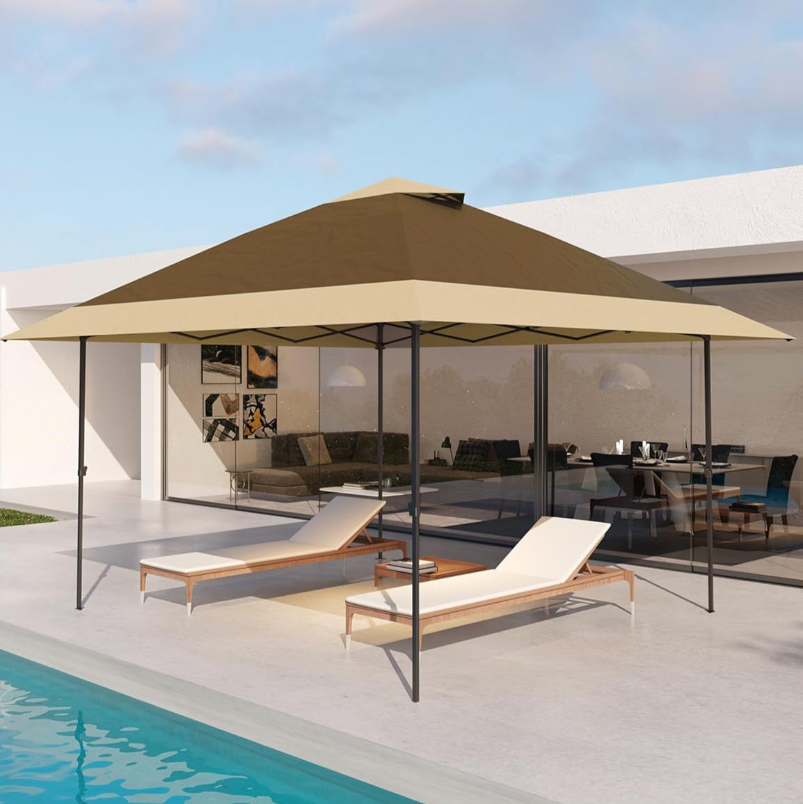 Garvee 12'x12' Pop-Up Instant Gazebo Tent - Double Roof Portable Patio Sun Shelter Outdoor Canopy for Deck, Backyard, Garden, Lawn, Khaki & Beige