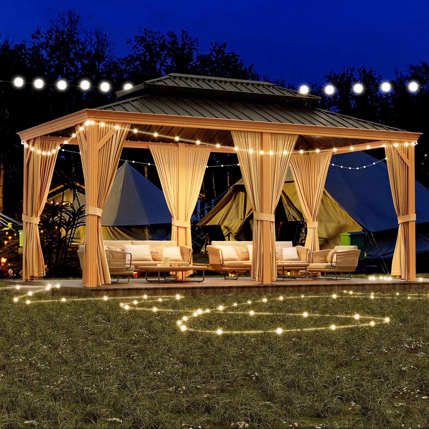decorating a gazebo with fish nets Garvee 12'x20' Outdoor Hardtop Gazebo with Netting and Sunshade Curtains for Patio Terrace Lawn Deck Aluminium Grey