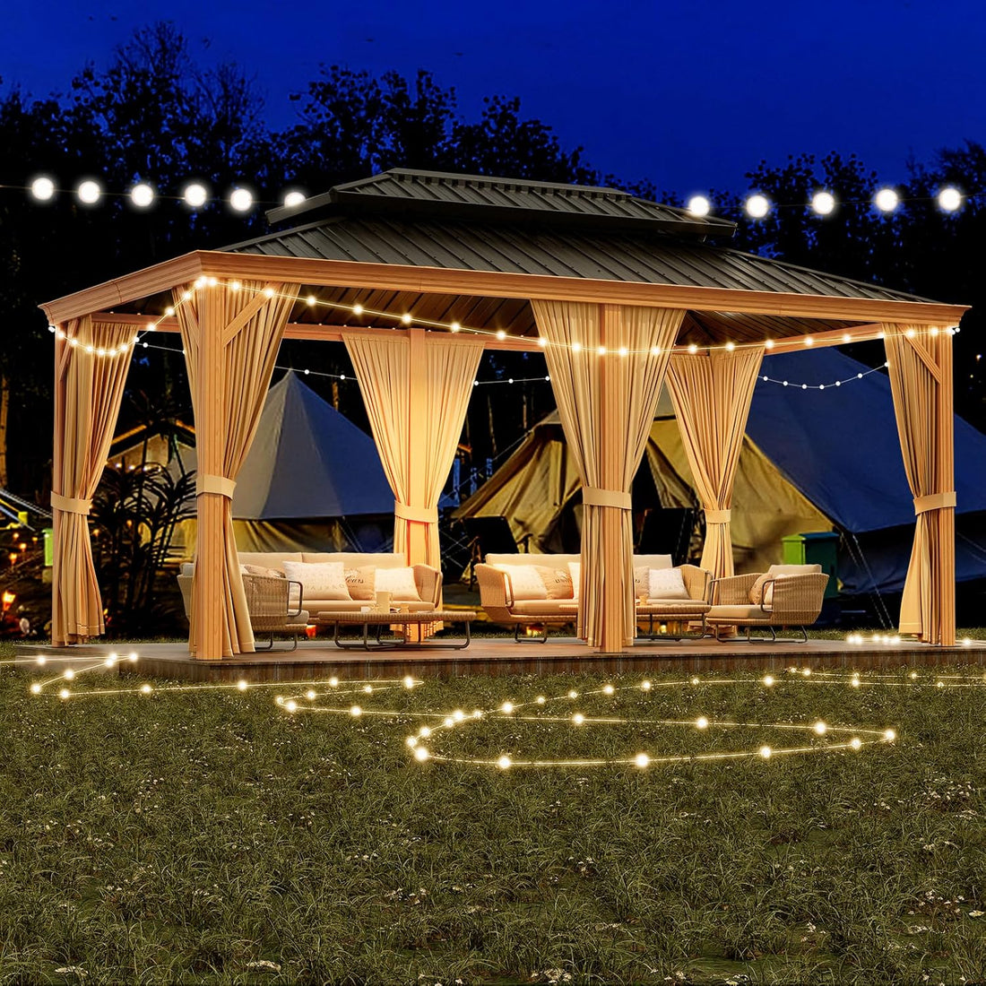 Garvee 12'x20' Outdoor Hardtop Gazebo with Netting and Sunshade Curtains for Patio Terrace Lawn Deck Aluminium Grey