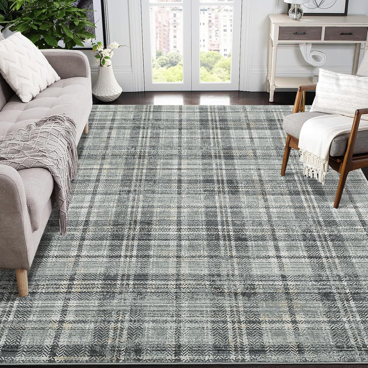 Garvee Plaid Green 8x10 Bedroom Rug Large Area Rugs for Living Room Modern Office Rug Distressed Rug Low Pile Farmhouse Floor Cover Non Slip Checkered Rug Green