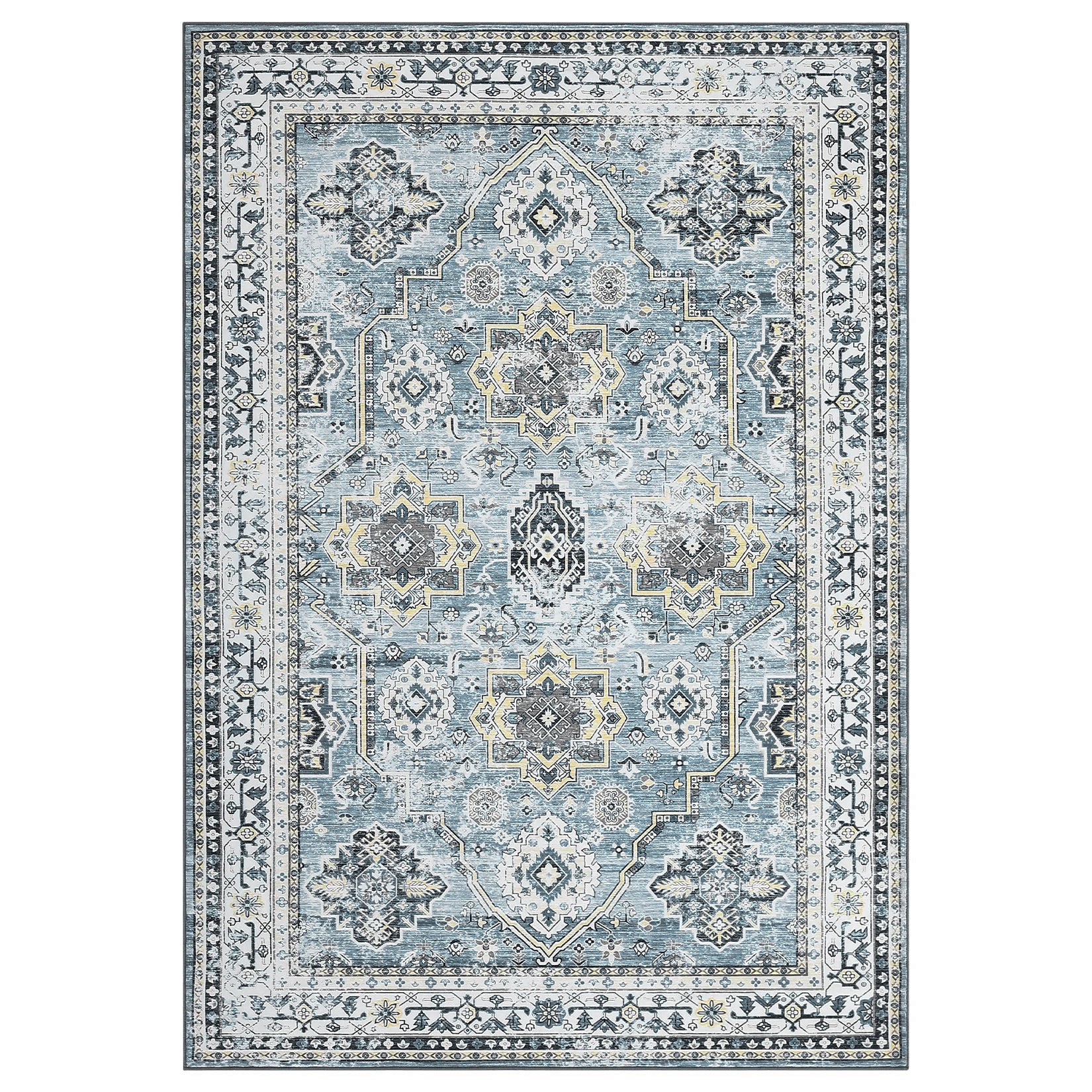 Garvee Boho Blue 6x9 Washable Rug, Oriental Vintage Non Slip Soft Faux Wool Stain Resistant Carpet for Living Room, Bedroom, Office