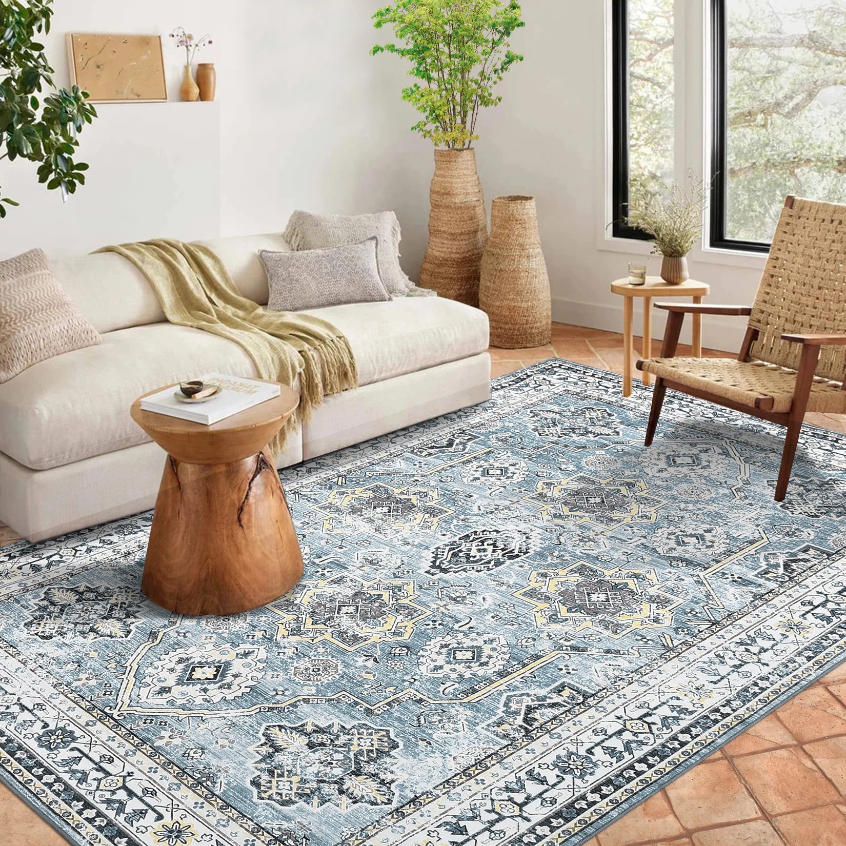 Garvee Boho Blue 6x9 Washable Rug, Oriental Vintage Non Slip Soft Faux Wool Stain Resistant Carpet for Living Room, Bedroom, Office