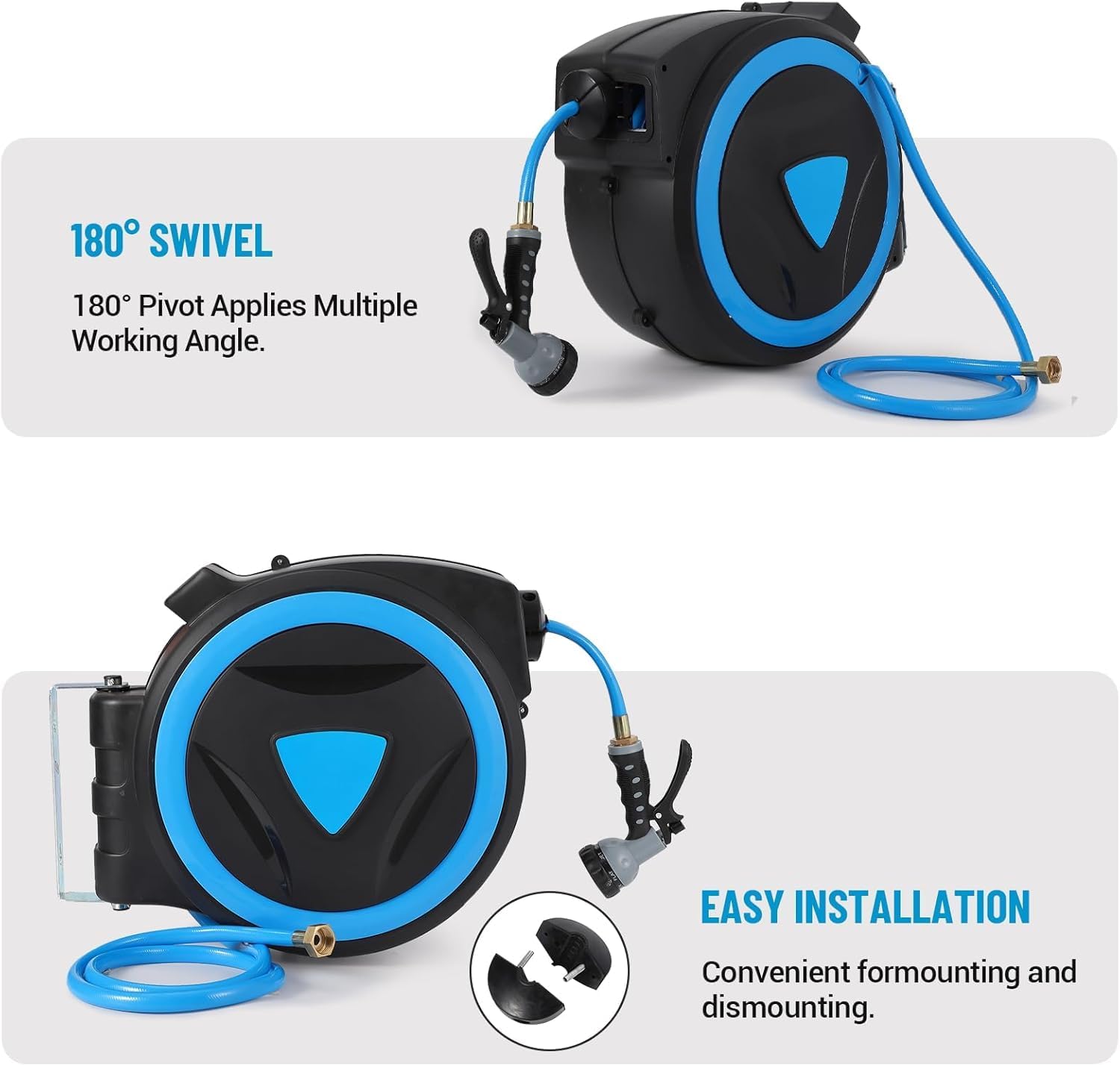 GARVEE retractable hose reel with 180° swivel bracket and wall mounting detail