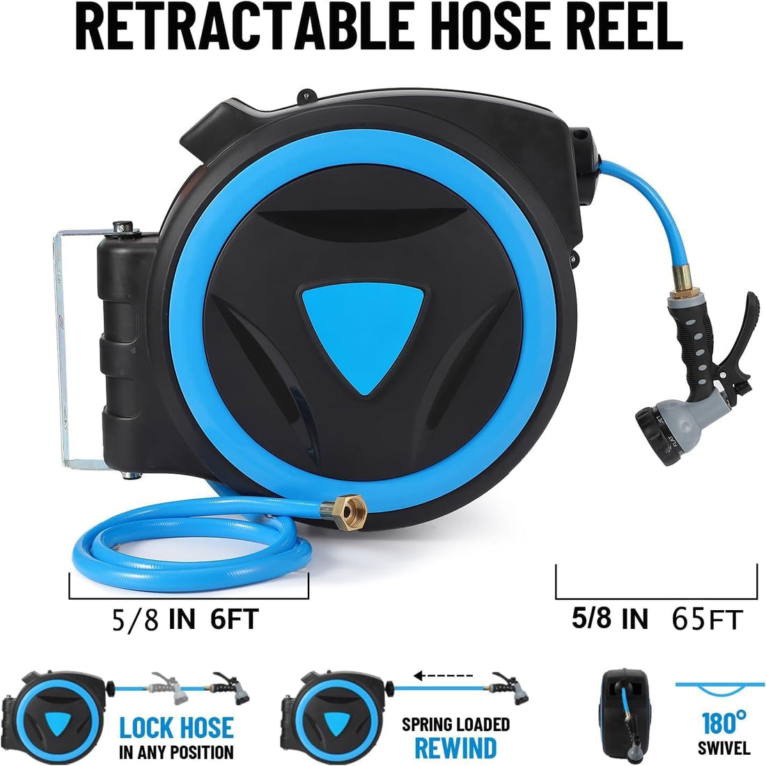 Garvee Retractable Garden Hose Reel, 5/8" x 82ft, Wall-Mounted with 180° Swivel Bracket, 9-Pattern Nozzle, Any Length Lock, Auto-Rewind Slow Return System