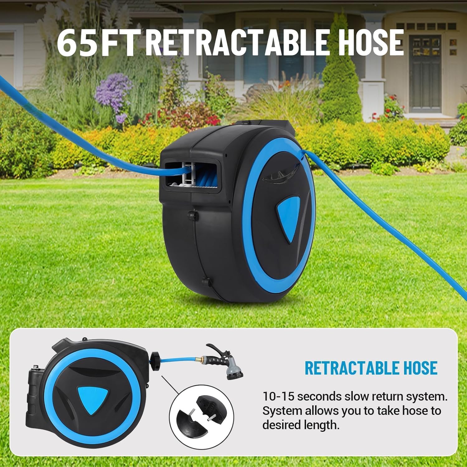 Garvee Retractable Garden Hose Reel, 5/8" x 82ft, Wall-Mounted with 180° Swivel Bracket, 9-Pattern Nozzle, Any Length Lock, Auto-Rewind Slow Return System