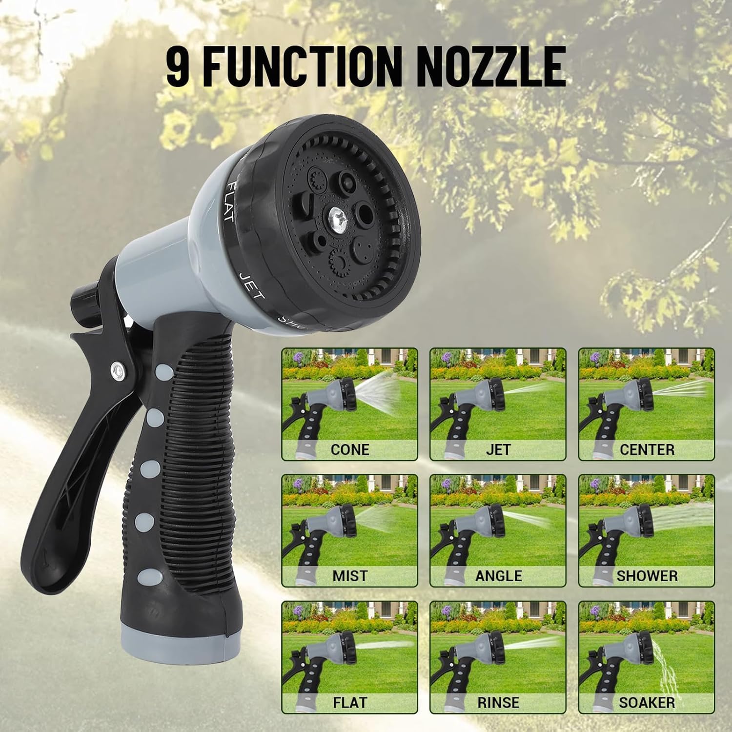 9 pattern spray nozzle with multiple watering and rinsing spray examples