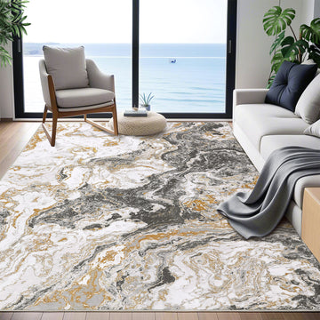 Garvee Abstract Grey 4x6 Modern Washable Rug for Living Room, Contemporary Marble Rug Soft Non Slip Indoor Floor Carpet for Laundry Room Playroom Dining Room Bedroom, Grey