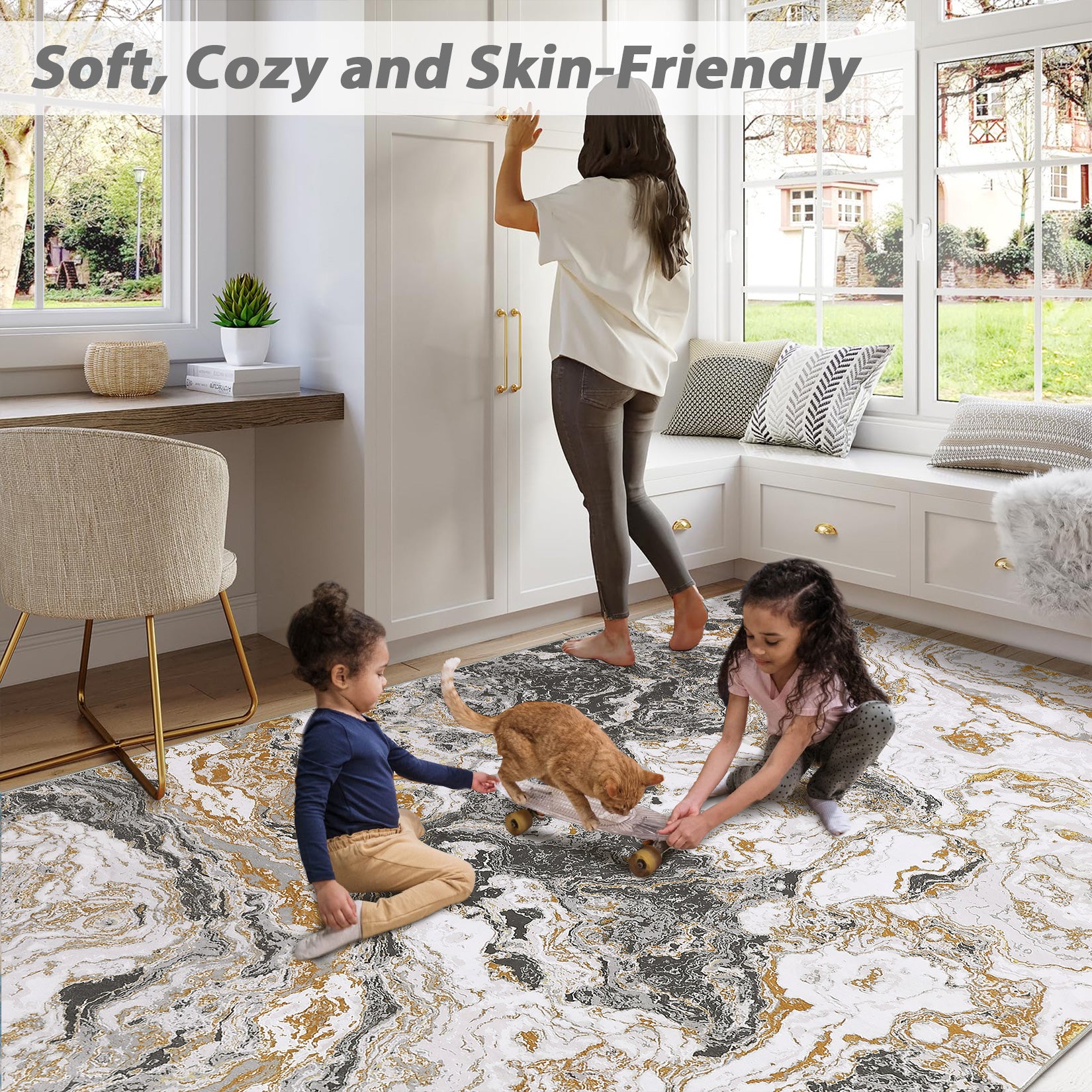 Garvee Abstract Grey 4x6 Modern Washable Rug for Living Room, Contemporary Marble Rug Soft Non Slip Indoor Floor Carpet for Laundry Room Playroom Dining Room Bedroom, Grey