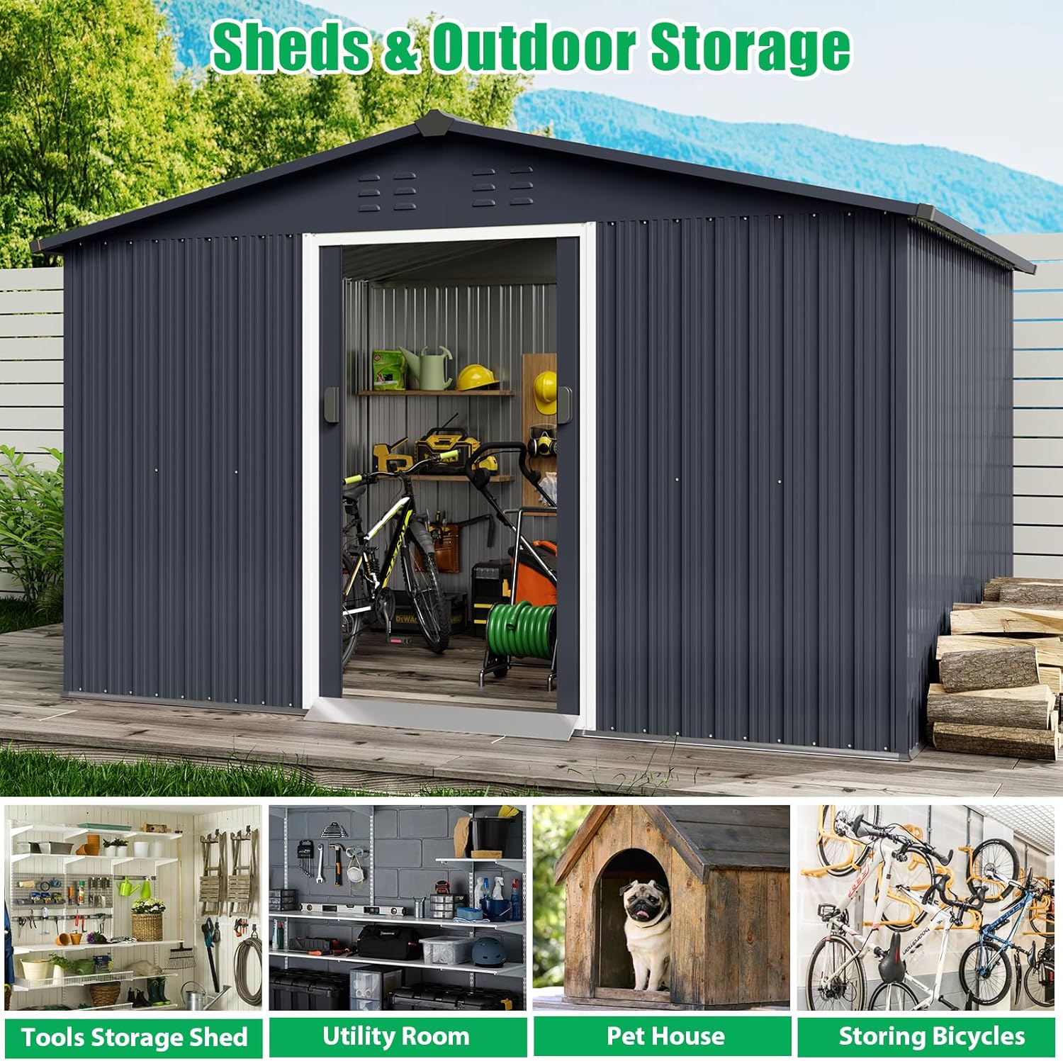 Garvee 10'x12' Outdoor Steel Storage Shed with Sloped Roof, Enhanced Frame, Gable Ventilation, Corrosion Resistant, Lockable, Multiple Sizes, Garden & Patio
