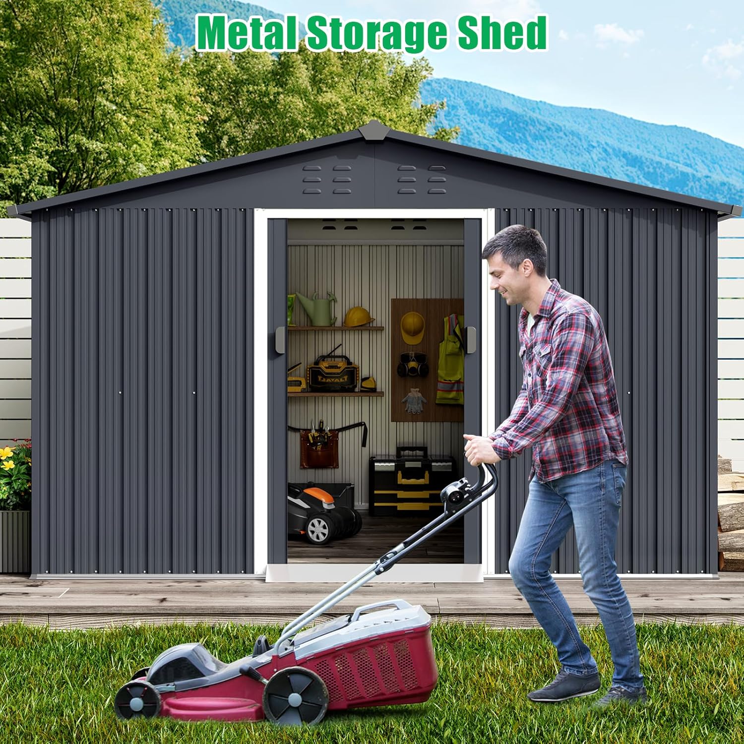 Garvee 10'x12' Outdoor Steel Storage Shed with Sloped Roof, Enhanced Frame, Gable Ventilation, Corrosion Resistant, Lockable, Multiple Sizes, Garden & Patio