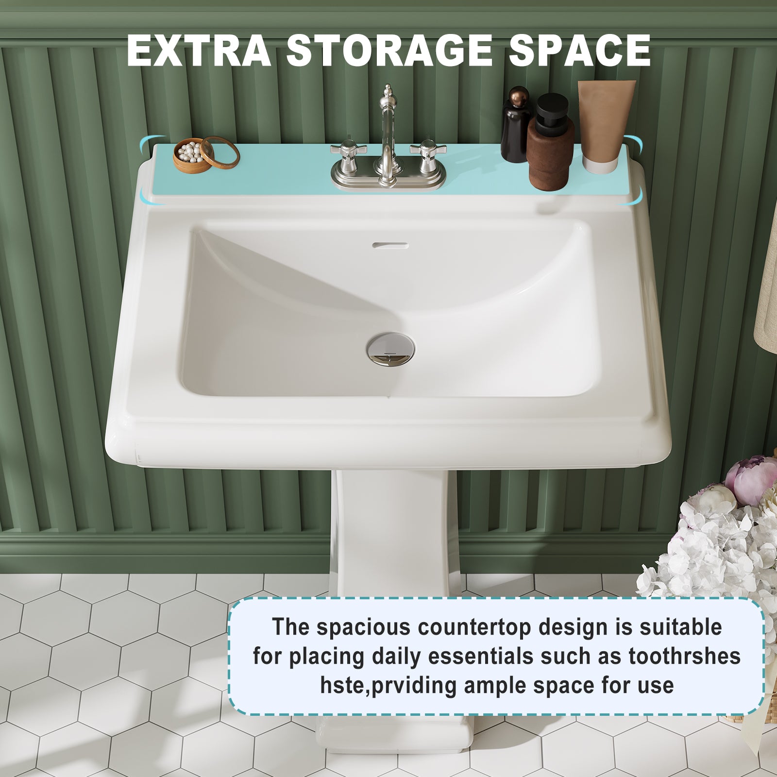 Garvee Modern White Ceramic Pedestal Bathroom Sink + Classic Clean Lines + Geometric Shape + Overflow + 3 Pre-Drilled Holes + Fits 4-Inch Faucets + Home, Hotel, Public Restroom