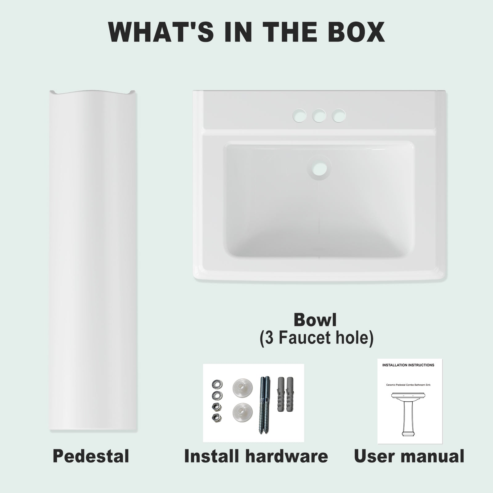 Garvee Modern White Ceramic Pedestal Bathroom Sink + Classic Clean Lines + Geometric Shape + Overflow + 3 Pre-Drilled Holes + Fits 4-Inch Faucets + Home, Hotel, Public Restroom