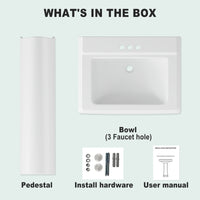 Garvee Modern White Ceramic Pedestal Bathroom Sink + Classic Clean Lines + Geometric Shape + Overflow + 3 Pre-Drilled Holes + Fits 4-Inch Faucets + Home, Hotel, Public Restroom