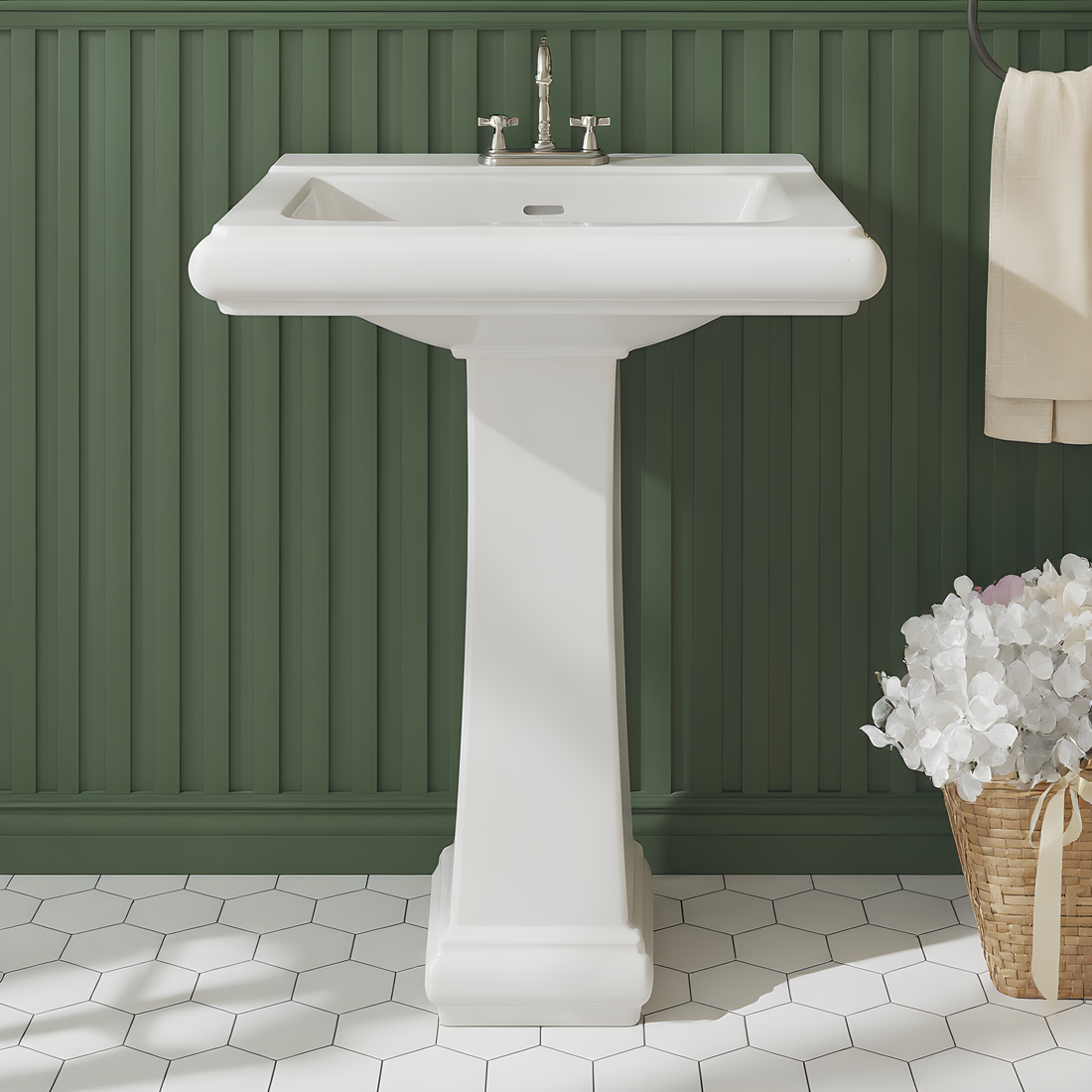 Garvee Modern White Ceramic Pedestal Bathroom Sink + Classic Clean Lines + Geometric Shape + Overflow + 3 Pre-Drilled Holes + Fits 4-Inch Faucets + Home, Hotel, Public Restroom