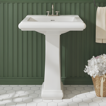 Garvee Modern White Ceramic Pedestal Bathroom Sink + Classic Clean Lines + Geometric Shape + Overflow + 3 Pre-Drilled Holes + Fits 4-Inch Faucets + Home, Hotel, Public Restroom