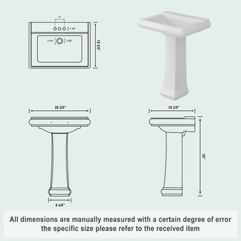Garvee Modern White Ceramic Pedestal Bathroom Sink + Classic Clean Lines + Geometric Shape + Overflow + 3 Pre-Drilled Holes + Fits 4-Inch Faucets + Home, Hotel, Public Restroom
